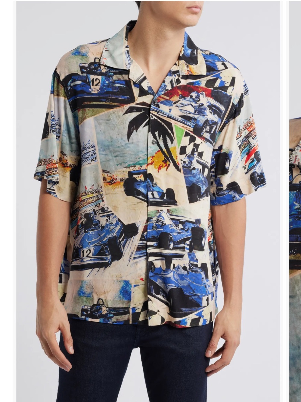 NWT HUGO Espino Race Car Print Camp Shirt